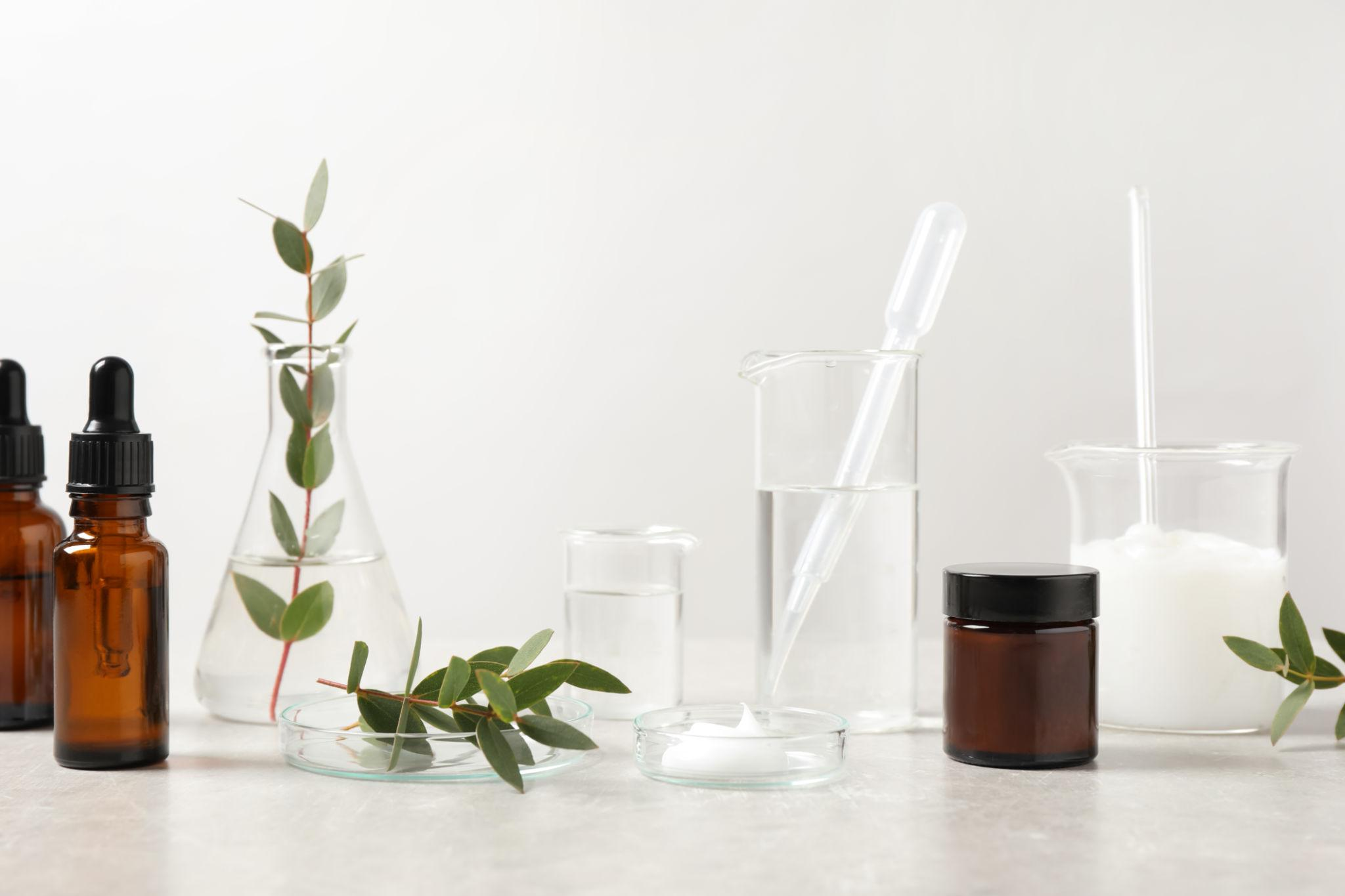 Cosmetic formulation raw materials on a table